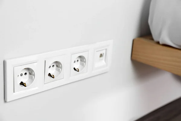Power Sockets White Wall Indoors Closeup Electrical Supply — ストック写真