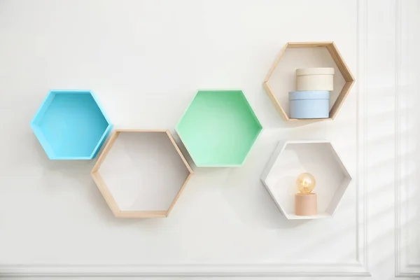 Honeycomb Shaped Shelves Decorative Elements White Wall — Stok fotoğraf