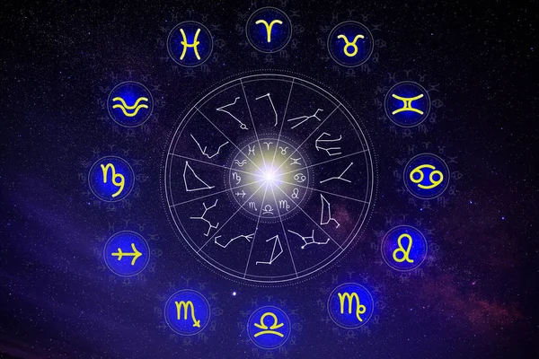 Ilustracja Koła Zodiaku Znakami Astrologicznymi Gwiaździstym Niebie Nocy — Zdjęcie stockowe