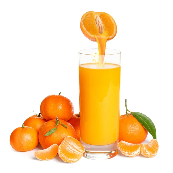 Tasty Tangerine Juice Fresh Ripe Fruits White Background — Stock Fotó