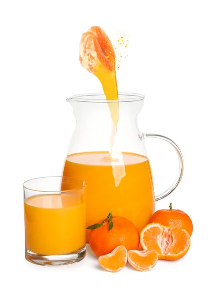 Tasty Tangerine Juice Fresh Ripe Fruits White Background — стоковое фото