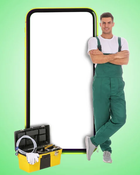 Repair Service Just Call Happy Professional Repairman Toolbox Smartphone Blank — Stock Photo, Image