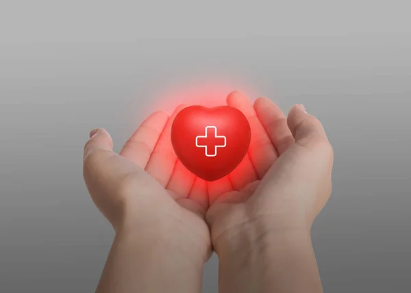 Woman Holding Red Heart Hands Light Grey Background Closeup Blood —  Fotos de Stock