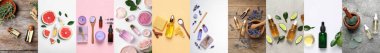 Collage with beautiful photos of different natural essential oils, top view. Banner design