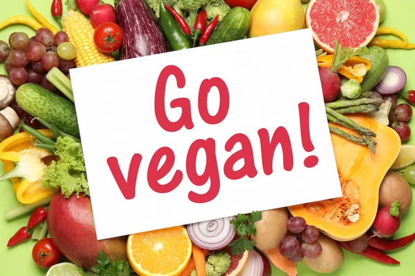 Paper Card Phrase Vegan Fresh Vegetables Fruits Green Background Top — Photo