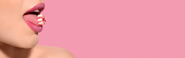 Young Woman Beautiful Lips Holding Candy Pink Background Closeup View — 스톡 사진