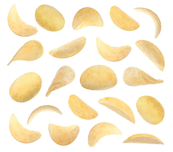 Set Van Gebakken Knapperige Chips Witte Achtergrond — Stockfoto