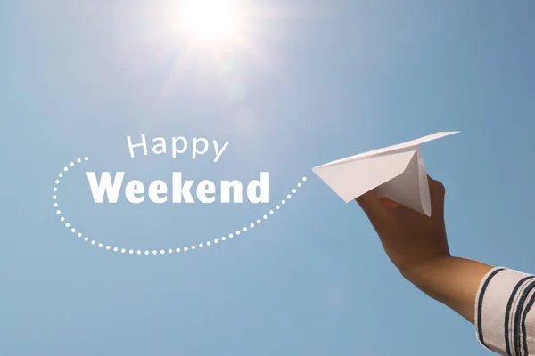 Happy Weekend Woman Holding Paper Plane Blue Sky Closeup — Stok fotoğraf