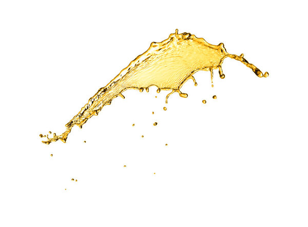 Splash of golden oily liquid on white background