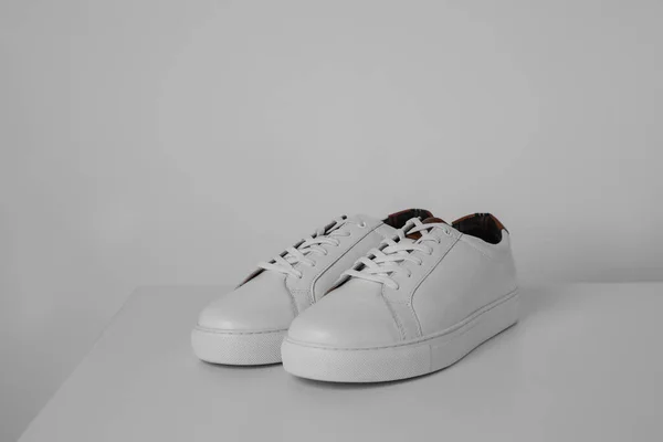 Pair Stylish Sneakers White Table Light Background Space Text — 스톡 사진