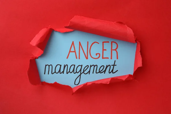 Words Anger Management Light Blue Background View Hole Torn Red — Stock Fotó