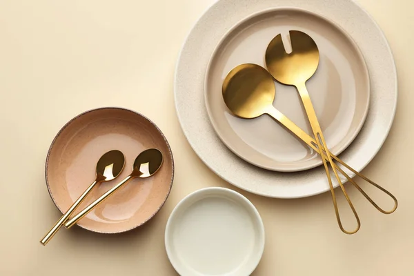 Stylish Empty Dishware Cutlery Beige Background Flat Lay — Φωτογραφία Αρχείου