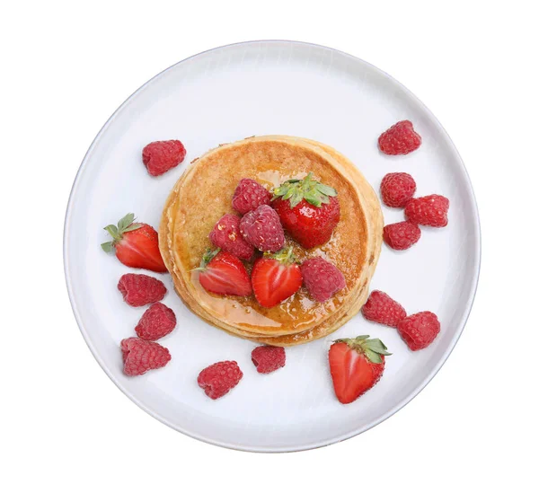 Tasty Pancakes Fresh Berries Honey White Background Top View — Stok Foto