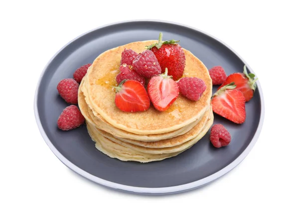 Tasty Pancakes Fresh Berries Honey White Background — Foto de Stock