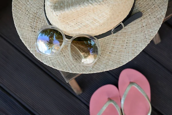 Stylish Hat Sunglasses Flip Flops Wooden Floor Top View Beach — Photo