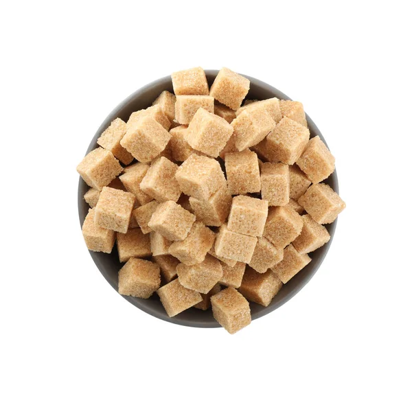 Bowl Cubes Brown Sugar Isolated White Top View — Stock Photo, Image