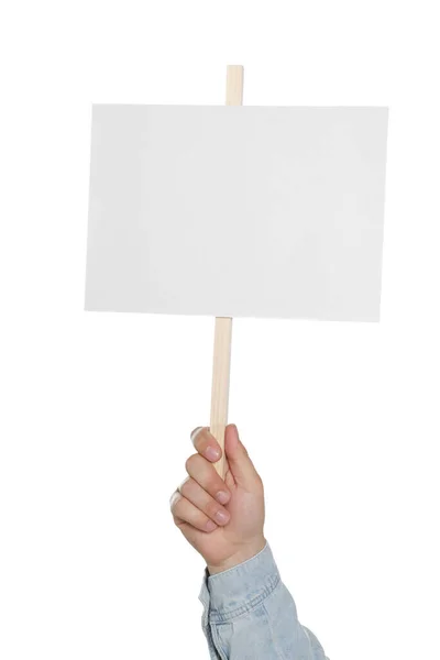 Mann Mit Leerem Protestschild Auf Weißem Hintergrund Nahaufnahme — Stockfoto