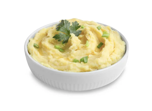 Bowl Tasty Mashed Potatoes Parsley Green Onion Isolated White — Stock fotografie