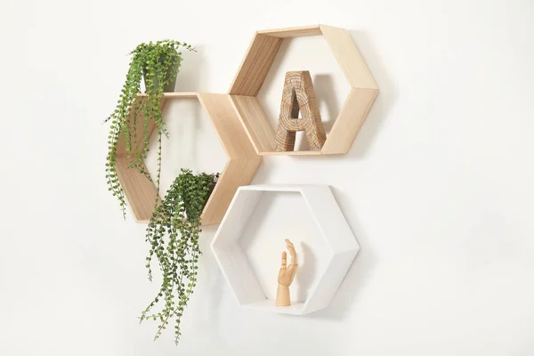 Honeycomb Shaped Shelves Decorative Elements Houseplants White Wall — Stok fotoğraf