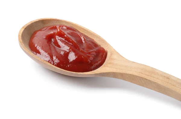 Ketchup Fából Készült Kanállal Elszigetelt Fehér Közelkép — Stock Fotó