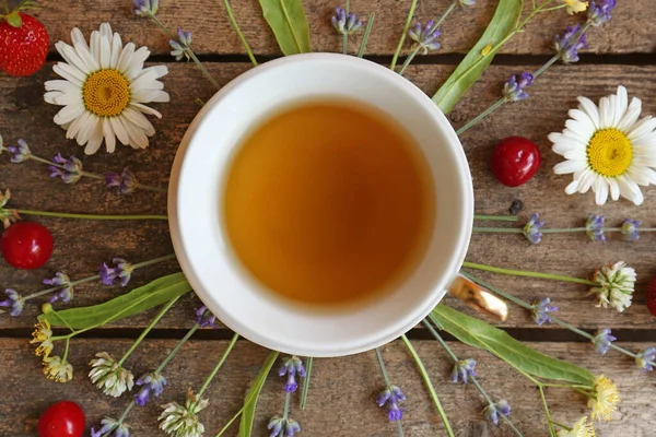 Tasty Herbal Tea Flowers Fruits Wooden Table Flat Lay — Stock Photo, Image