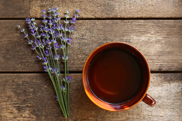 Tasty Herbal Tea Fresh Lavender Flowers Wooden Table Flat Lay — Stock Fotó