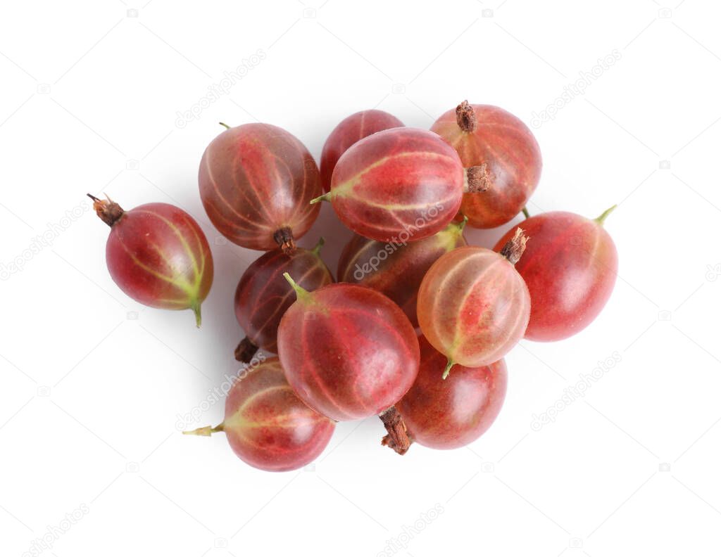 Pile of fresh ripe gooseberries on white background, top view