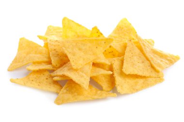 Tasty tortilla chips (nachos) on white background