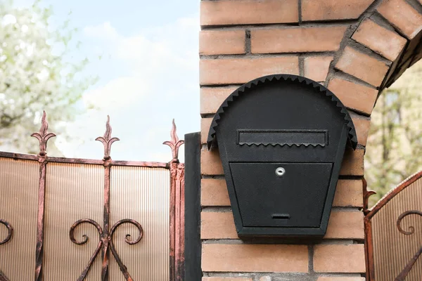 Vintage Letter Box Beige Brick Wall Outdoors Space Text — Zdjęcie stockowe