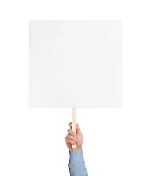 Man Holding Blank Protest Sign White Background Closeup — Fotografia de Stock
