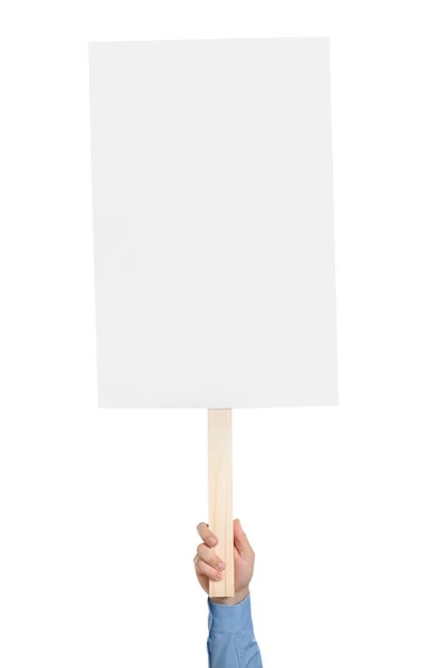 Man Holding Blank Protest Sign White Background Closeup — Stockfoto