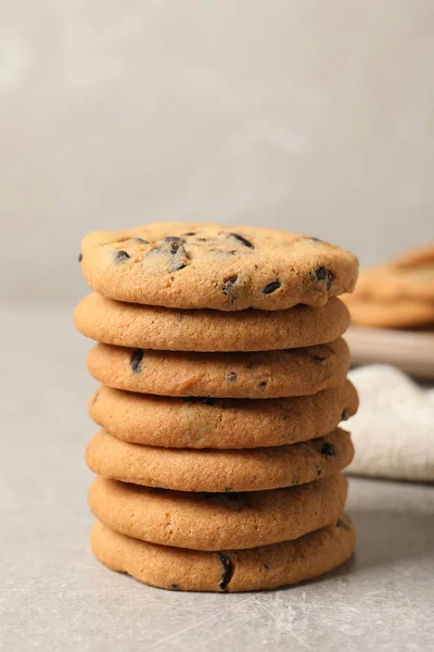 Stack Tasty Chocolate Chip Cookies Grey Table — Stock Photo, Image
