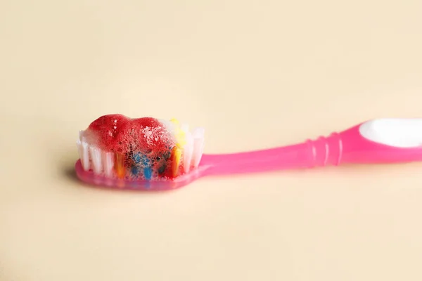 Toothbrush Paste Blood Beige Background Closeup Gum Inflammation — Photo