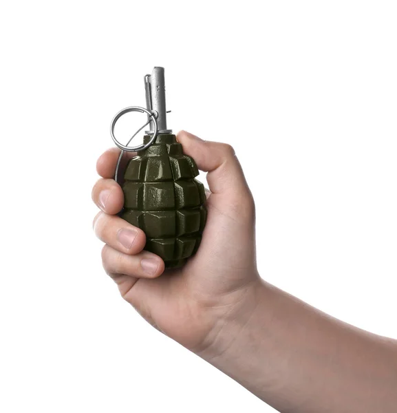 Man Holding Hand Grenade White Background Closeup — ストック写真