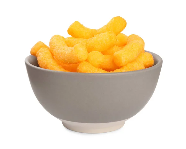 Många Läckra Cheesy Majs Puffar Skål Isolerad Vitt — Stockfoto