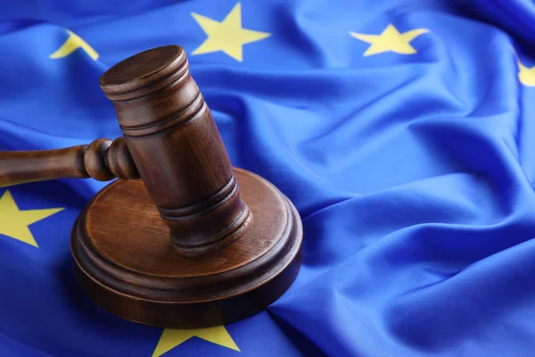 Wooden Judge Gavel Flag European Union Closeup Space Text — Stockfoto