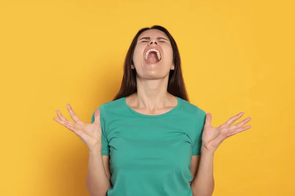 Aggressive Young Woman Shouting Orange Background — Φωτογραφία Αρχείου