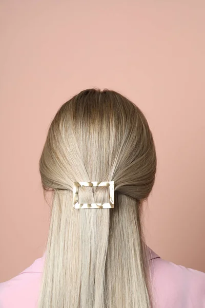 Young Woman Beautiful Gold Hair Clip Pink Background Back View — Photo