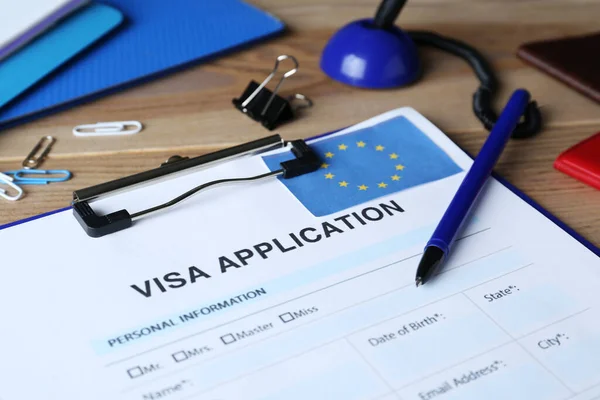 Visa Application Form Immigration European Union Stationery Wooden Table Closeup — ストック写真