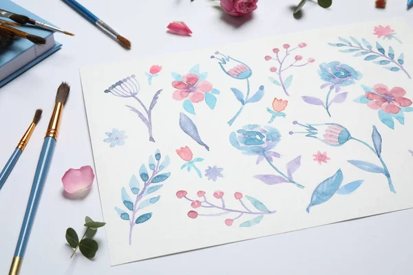 Composition with floral watercolor picture on white background