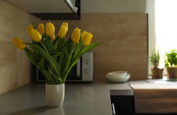 Bouquet Beautiful Yellow Tulips Countertop Kitchen Space Text — Stockfoto