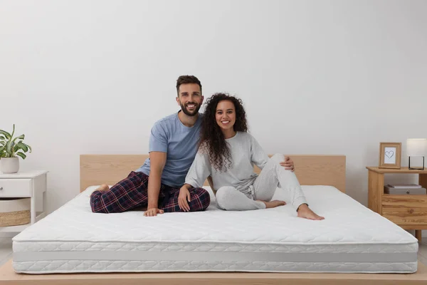 Happy Couple Bed Comfortable Mattress Home — стоковое фото