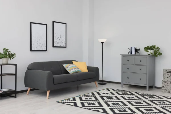 Beautiful Living Room Interior Stylish Grey Sofa — Fotografia de Stock