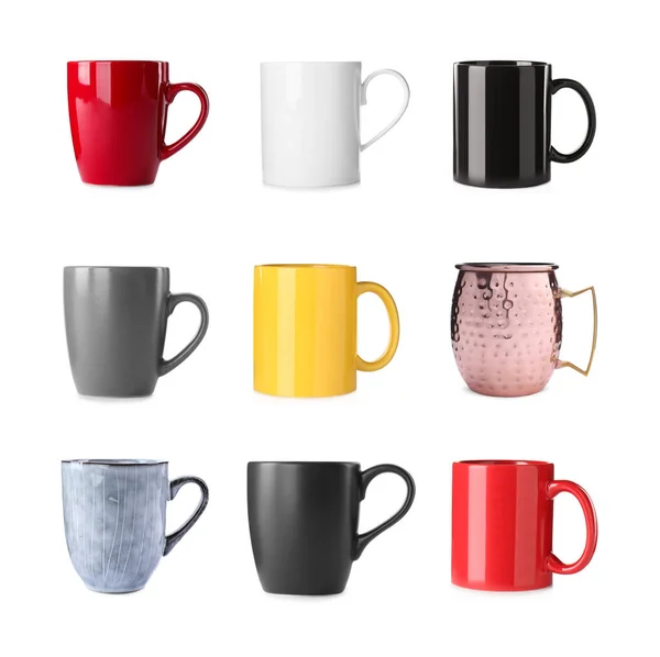 Set Different Beautiful Cups White Background — Fotografia de Stock