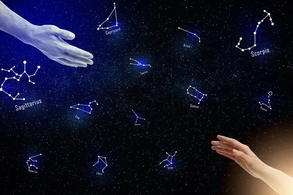 Zodiac compatibility. Man and woman reaching hands to each other and constellations in night sky with stars