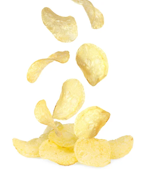 Fried Crispy Potato Chips Falling Heap White Background — 스톡 사진