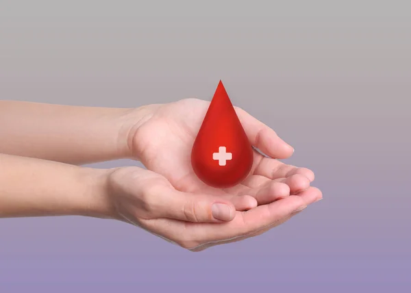 Woman Holding Red Drop Hands Light Background Closeup Blood Donation — Fotografia de Stock
