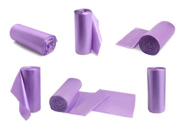 Beyaz arkaplanda çöp torbası ruloları ile ayarla