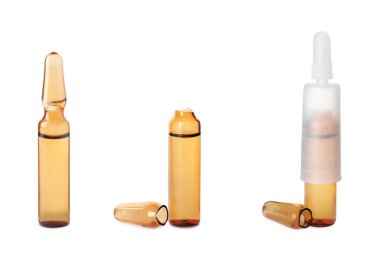 Set with glass ampoules with pharmaceutical products on white background