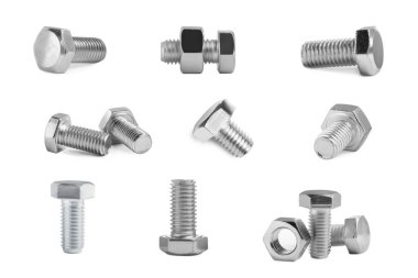 Beyaz arkaplanda metal uğursuz cıvatalar ve fındıklar ile ayarla